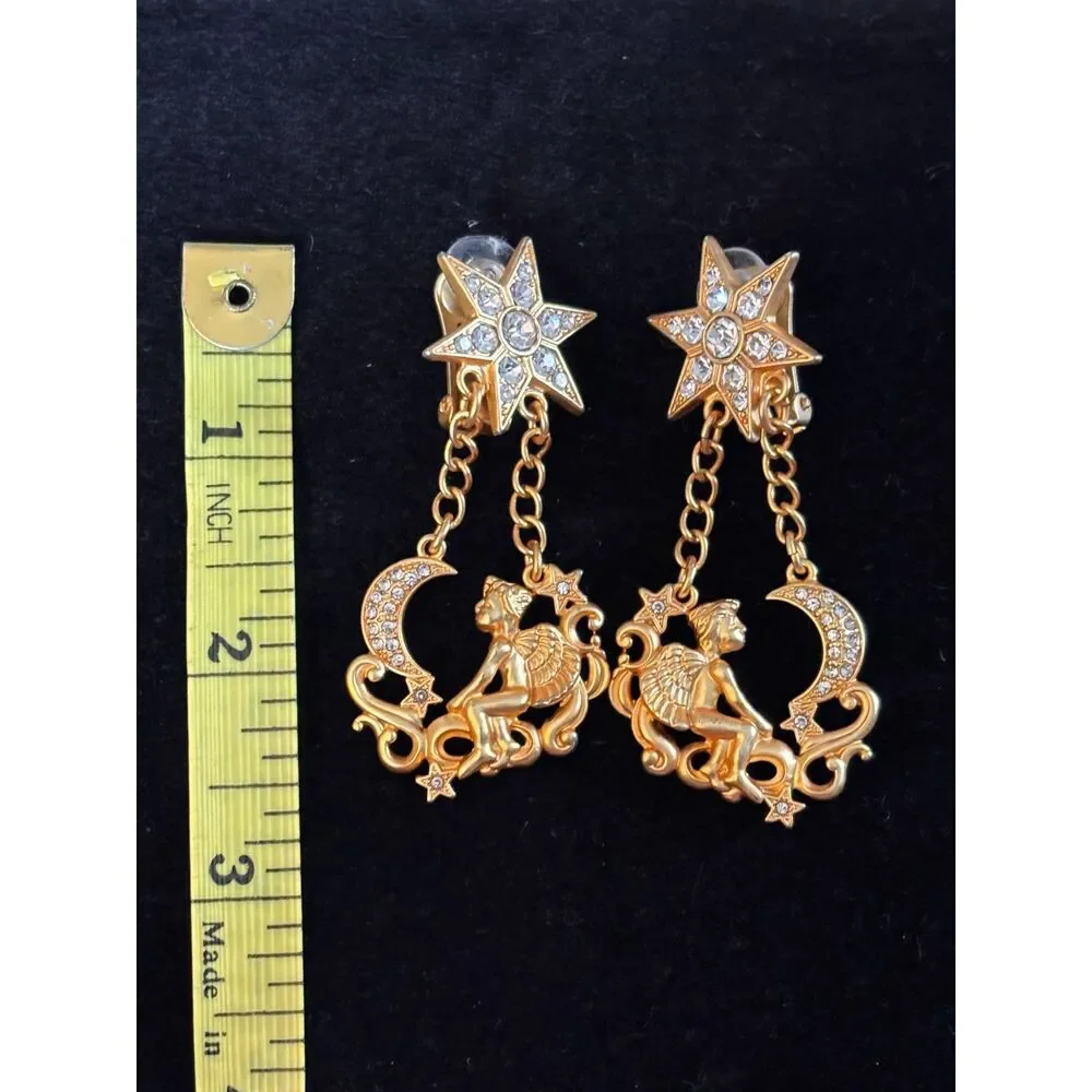 VTG Kirks Folly Gold-Tone Celestial Cherub Moon & Star Dangle Earrings